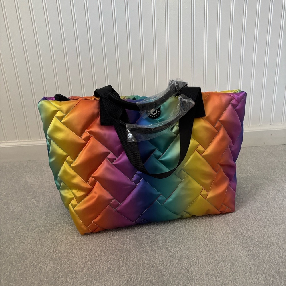 Kurt Geiger Quilted Nylon Large Shopper Rainbow Tote Shoulder Bag Rare - Picture 3 of 9